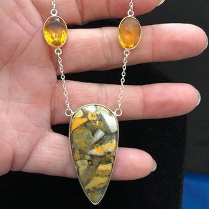 Copper Bumble Bee- Honey Quartz Gemstone 925 Stamped Necklace.